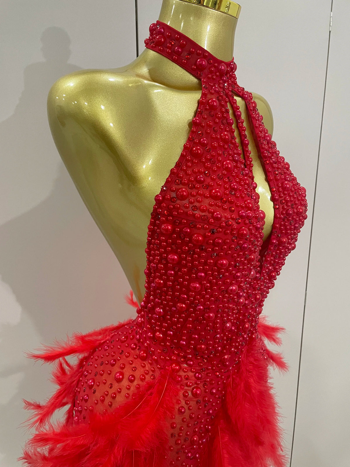 Luxury Rhinestones Pearls Feathers Halter Backless Dress