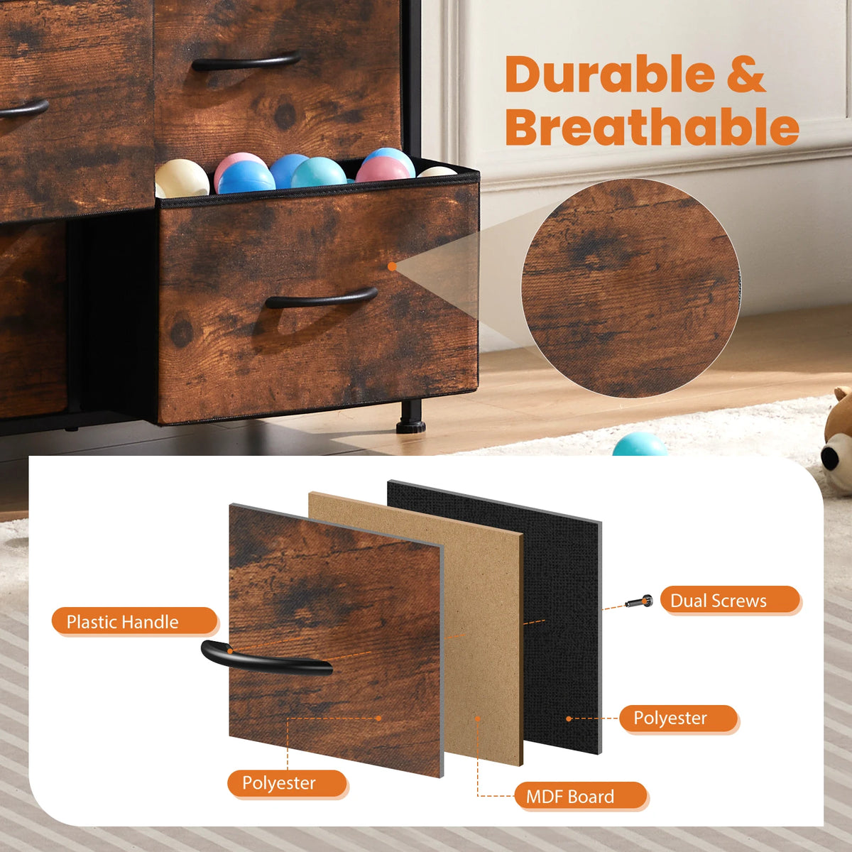 JHK Modern Fabric Dresser With 9 Storage Drawers