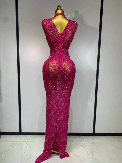 Gold Rhinestone Sleeveless Long Dress for Women