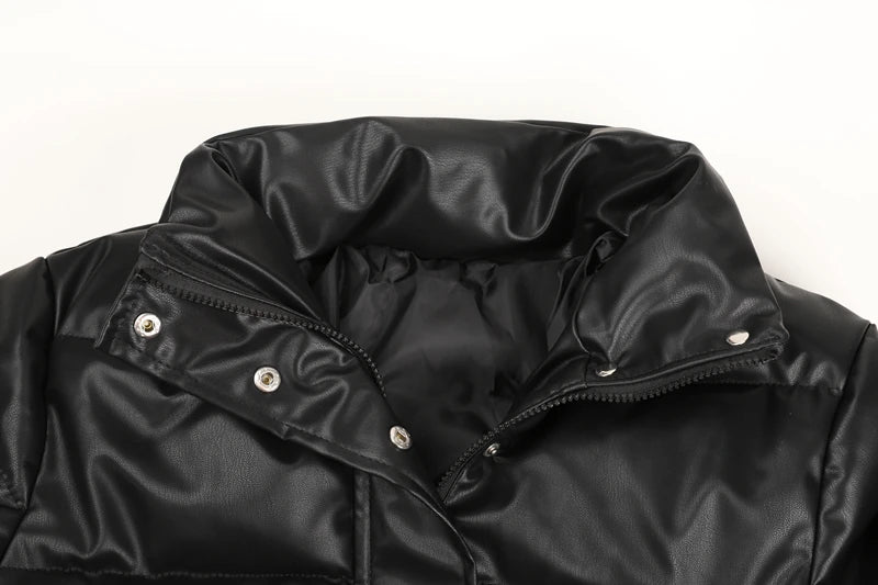 Black PU Leather Women's Winter Parka Jacket