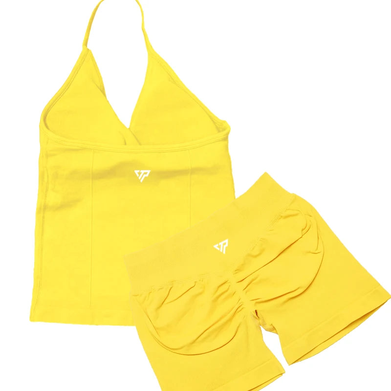 Seamless Lace-Up Bra and Shorts Yoga Set for Women