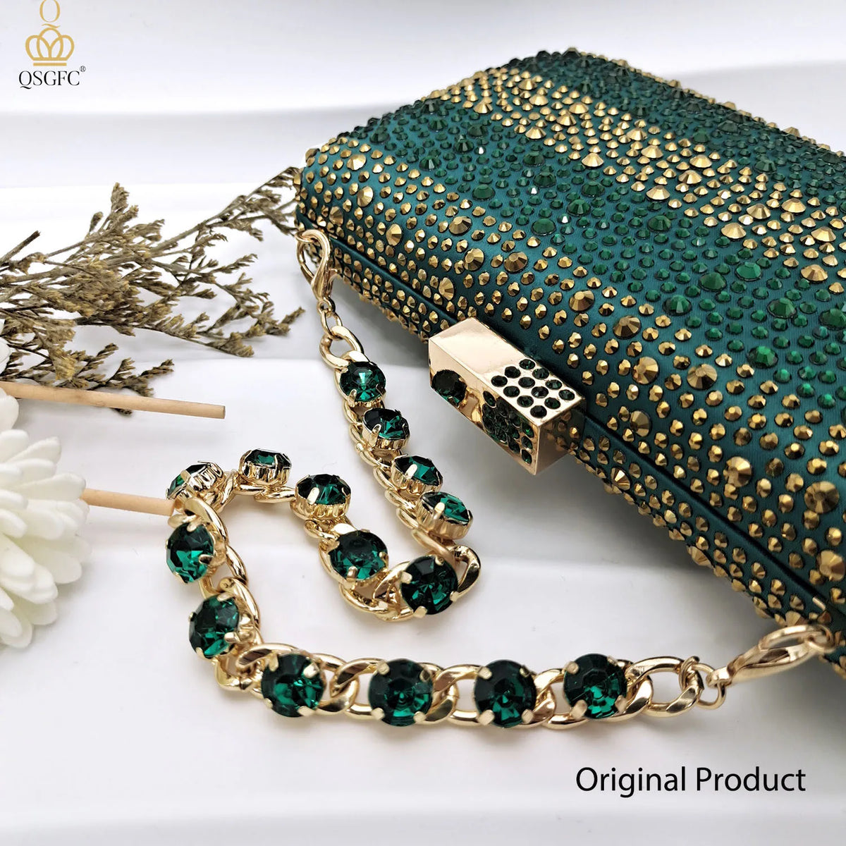 Italian Luxury Green Rhinestone Shoes and Bag Set