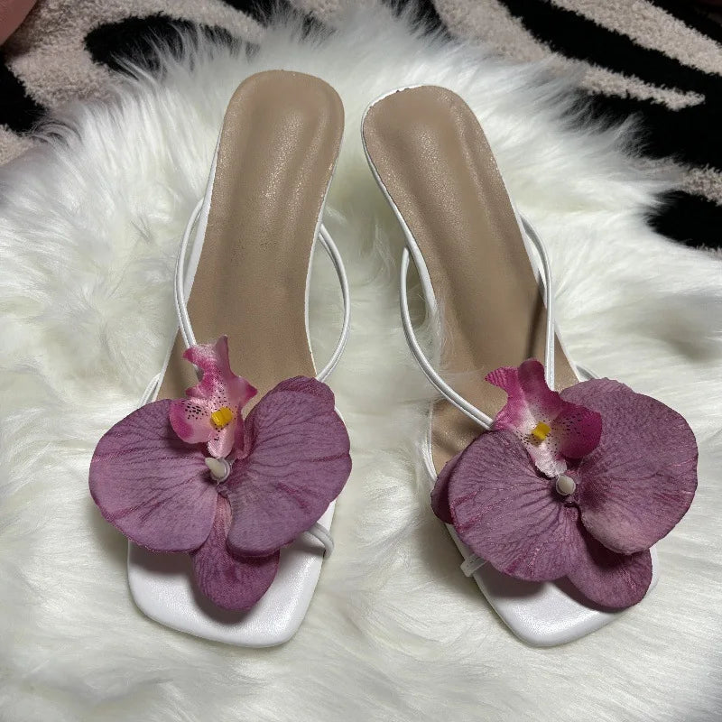 Orchid Flower High Heeled Slingback Shoes for Women