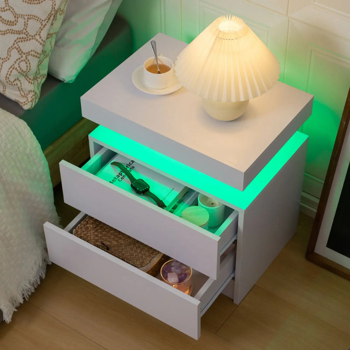 Cubehom White LED Nightstand with 2 Drawers