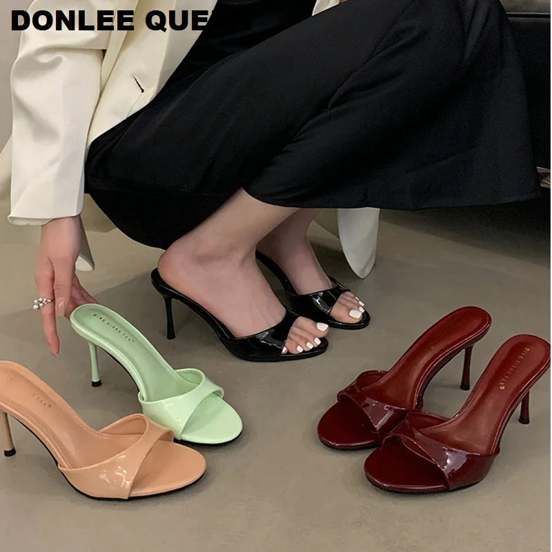 Thin High Heels Open Toe Slides Women Patent Leather Sandals