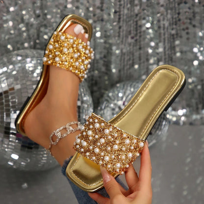 Women Rhinestone Flat Sandals Summer Slippers