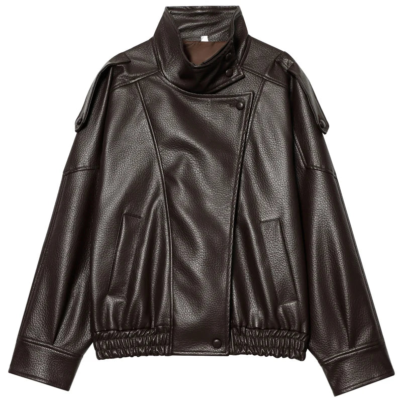Women's Black Leather Bomber Jacket Zip-Up