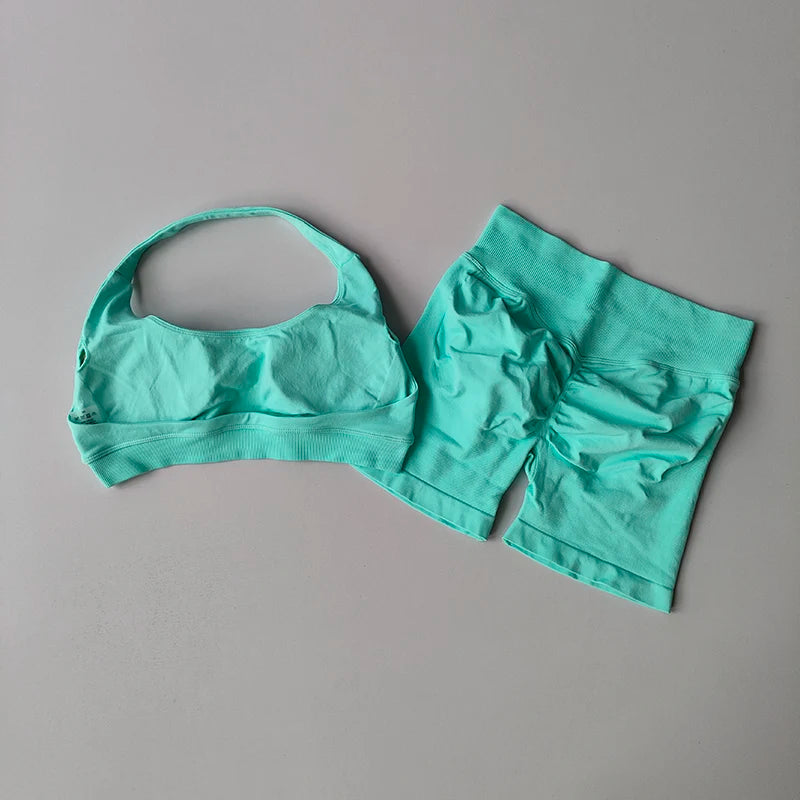 Peach High Waist Seamless Sports Bra and Shorts Set