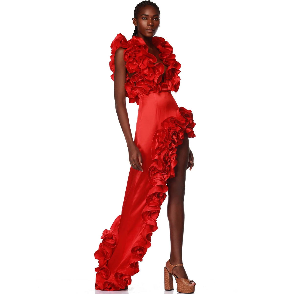 CM.YAYA Women Ruffled Asymmetrical V-Neck Bodysuit and Long Skirt Set