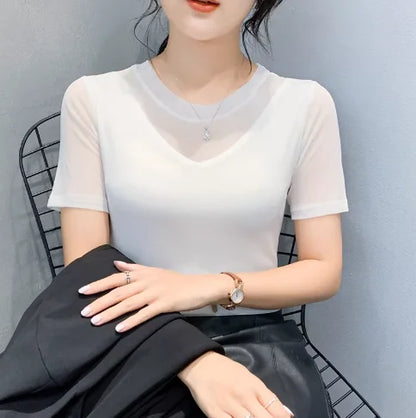 Women Slim Fit Long Sleeve Mesh T-Shirt