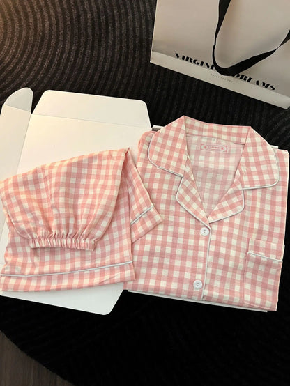 Japanese Minimalist Women's Pink Plaid Pajamas