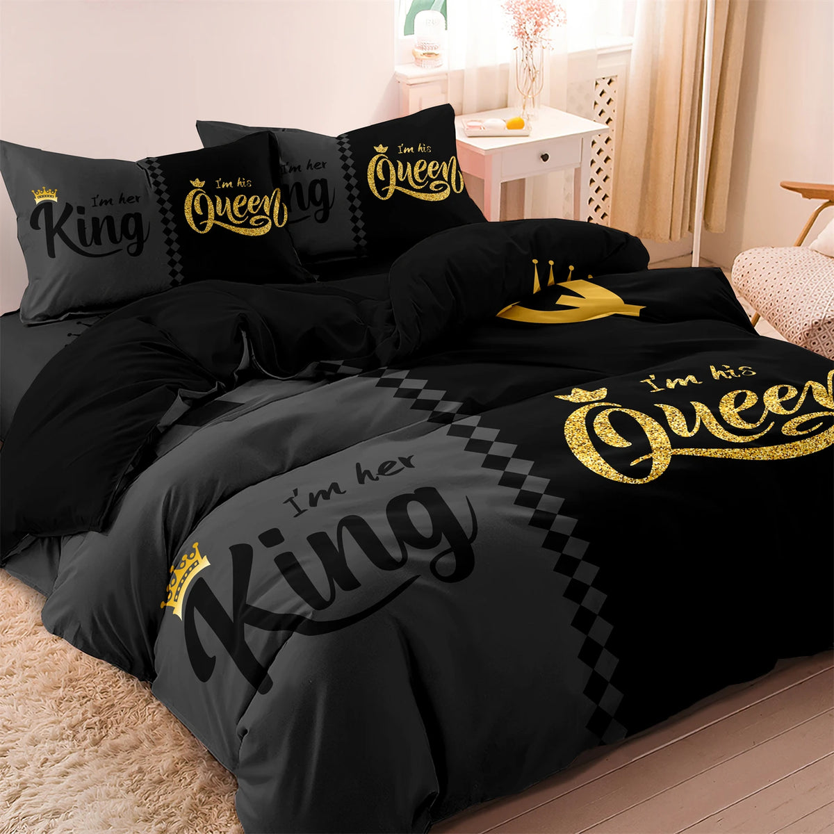 3pcs Black Gray Crown Printed Bedding Set Duvet Cover