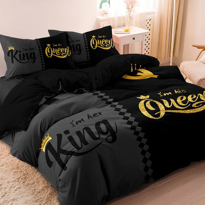 3pcs Black Gray Crown Printed Bedding Set Duvet Cover