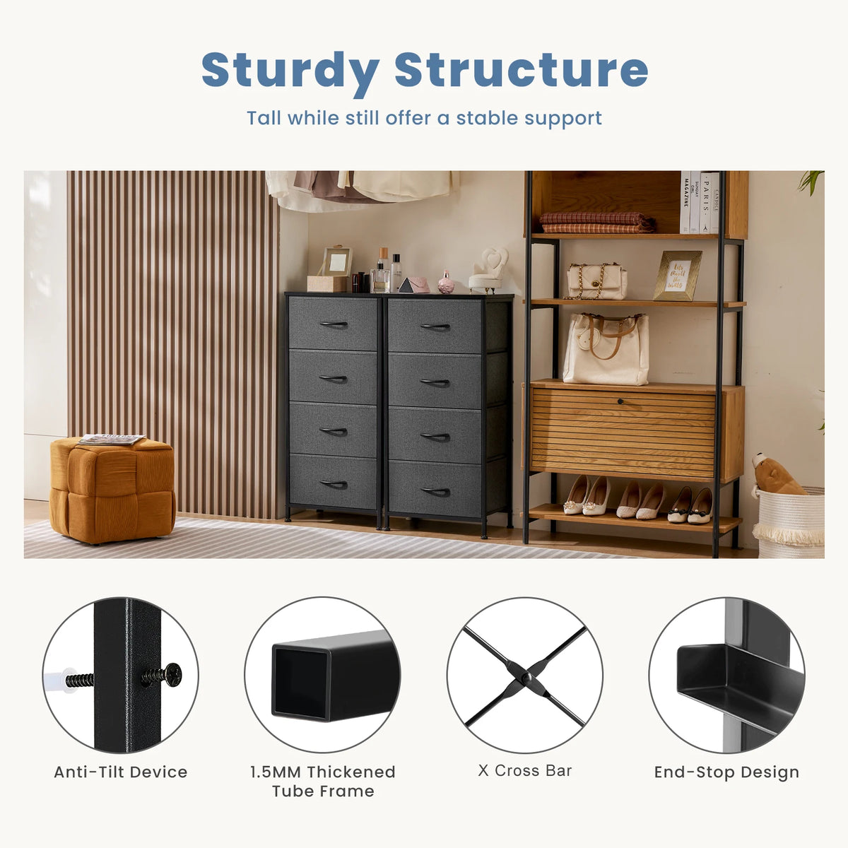 JHK Modern Morocco Dresser with 4 Fabric Drawers