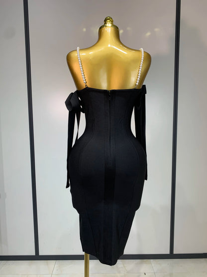 Women Backless Bodycon Bandage Dress with Pearls