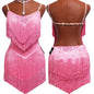 Latin Dance Dress with Rhinestones and Tassels in Red and White