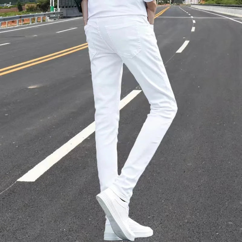 Mens Slim Fit Denim Pencil Pants Black White Stretch Jeans
