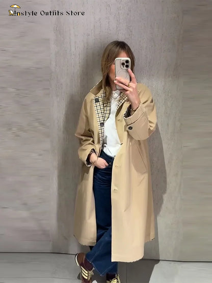 Double-Sided Long Trench Coat for Women with Pockets