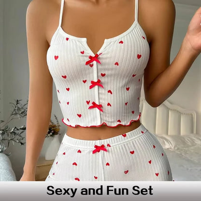 Heart Print Silk Satin Women Pajamas Set