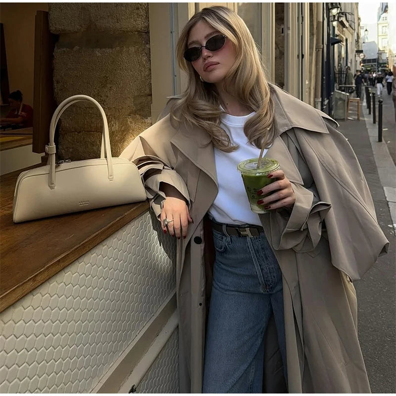 Khaki Long Color-block Stripe Trench Coat for Women
