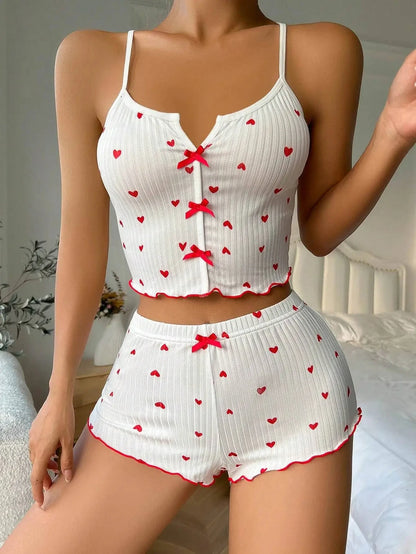 Heart Print Silk Satin Women Pajamas Set