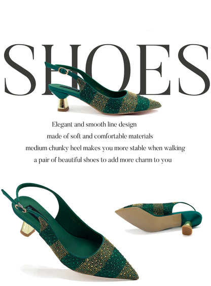 Italian Luxury Green Rhinestone Shoes and Bag Set