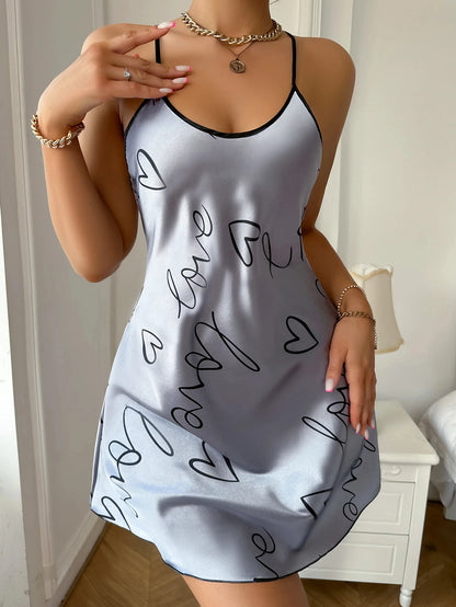 Heart Letter Print Spaghetti Strap Nightdress