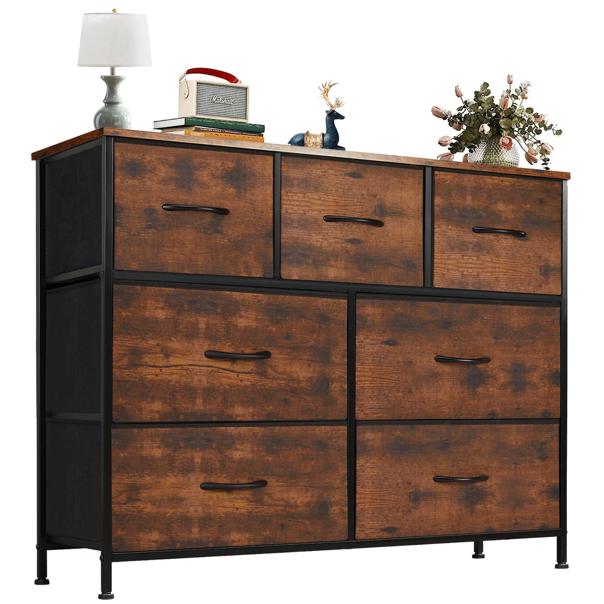 JHK Modern Wooden Dresser with 7 Fabric Drawers