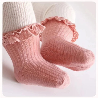 Cotton Lace Socks for Toddler Girls Non-slip Half Knee