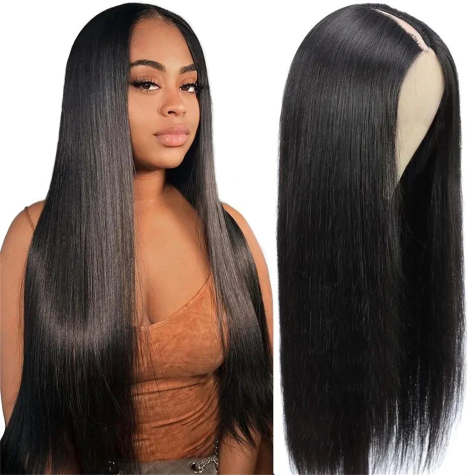 V Part Straight Human Hair Wig Remy Brazilian Natural Color