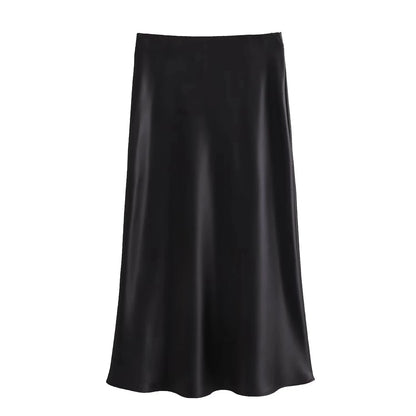 Vintage Satin Solid Long Skirt Women High Waist