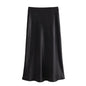 Vintage Satin Solid Long Skirt Women High Waist