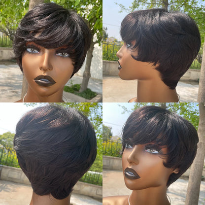 Short Pixie Cut Human Hair Wig with Bangs for Women