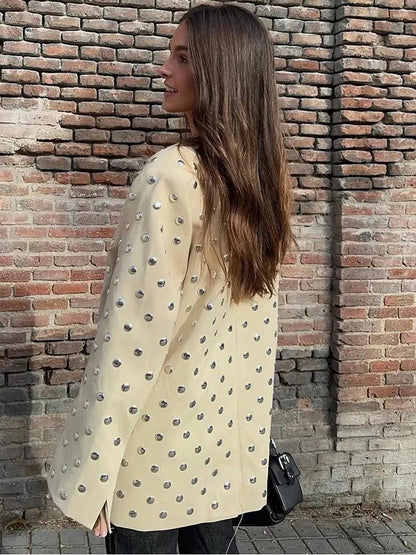 Beige Rivet Decoration Casual Blazer for Women