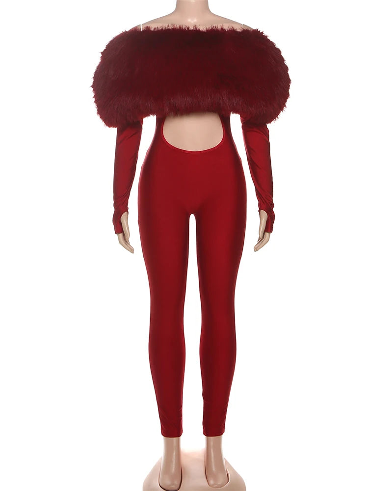 Furry Slash Neck Jumpsuit Women Polyester Elastane