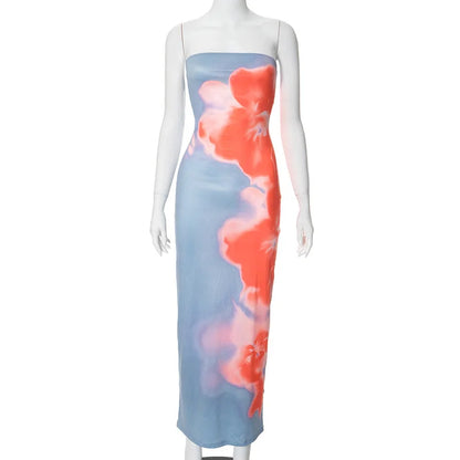 Print Tube Maxi Dress Women Off Shoulder Backless