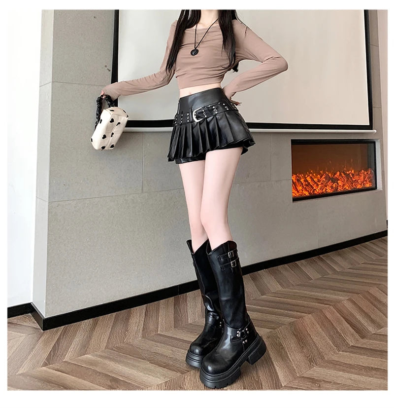 Black Pleated Leather A-line Skirt for Women