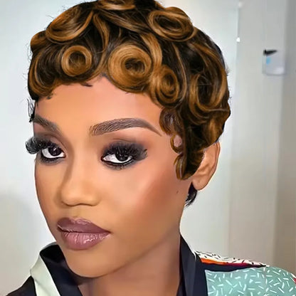 Short Layered Curly Pixie Cut Wig Natural Black