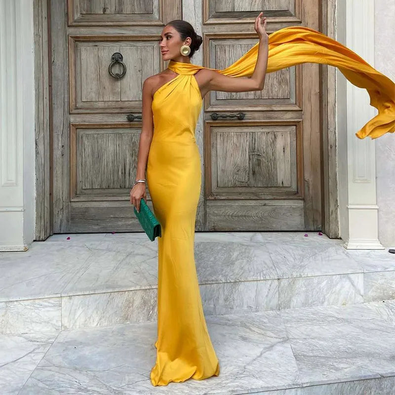 Elegant Halter Dress Women Solid Backless Maxi Dress