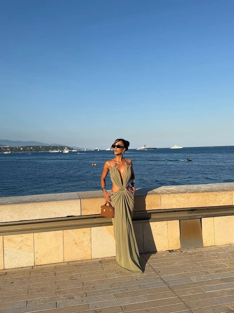 Women's Spaghetti Strap Maxi Dress with Deep V Cutout