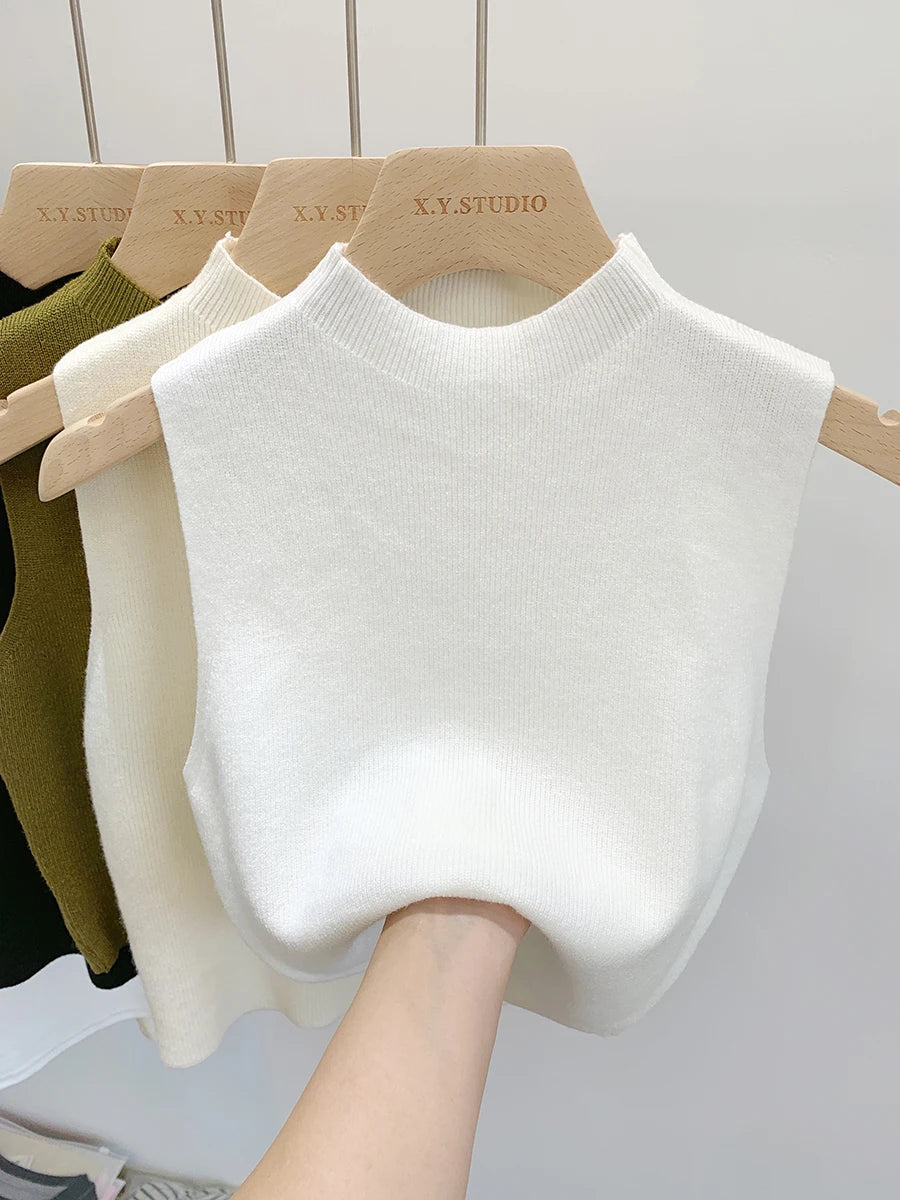 Women Slim Knitted Tank Top Sleeveless Solid Sweater