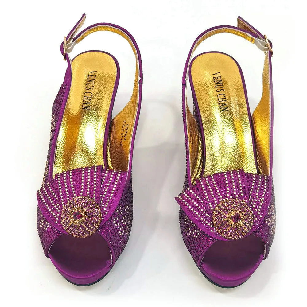 Golden Wedding Shoes And Bag Set With Diamond Decoration