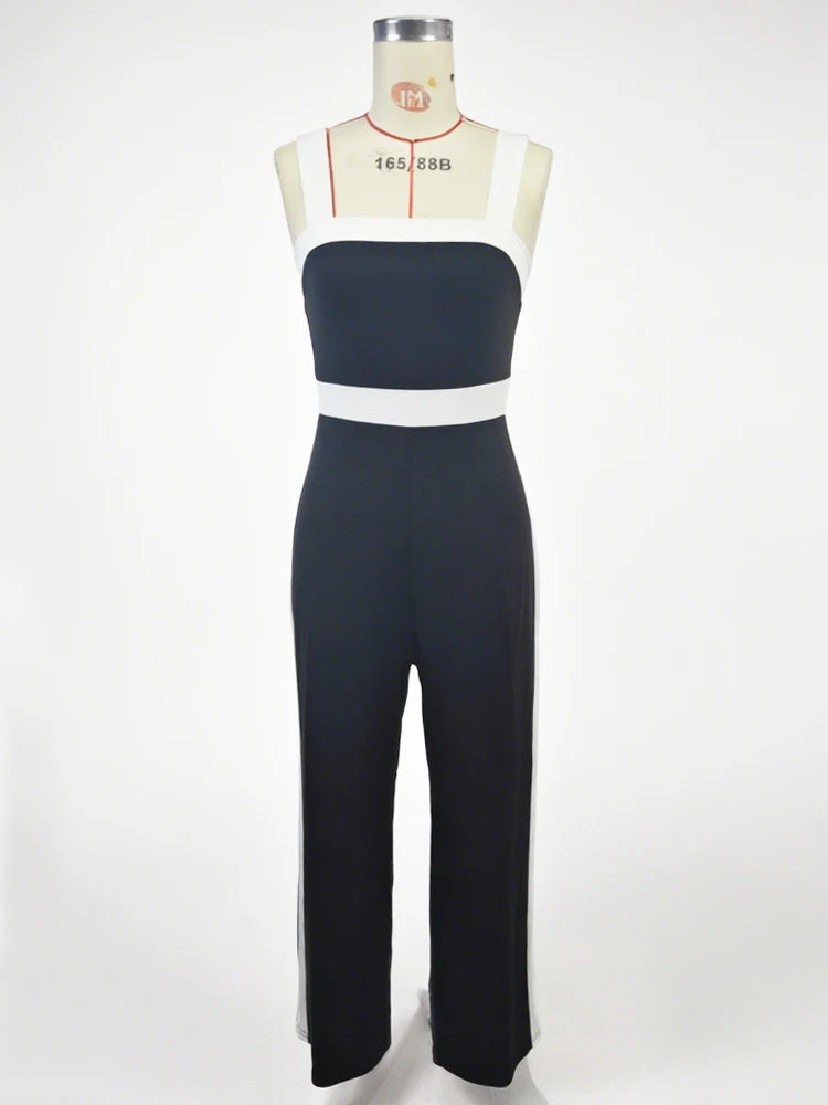 Women's Black White Square Neck Jumpsuit Polyester