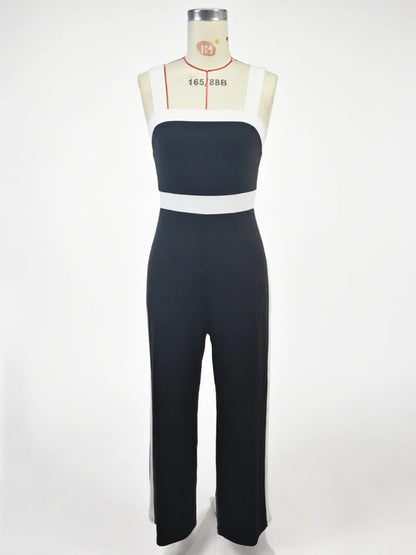 Women's Black White Square Neck Jumpsuit Polyester