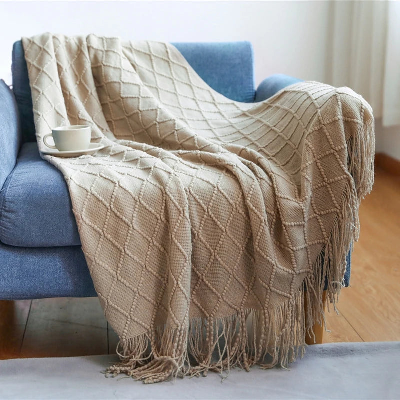 Khaki Knitted Acrylic Blanket with Tassels