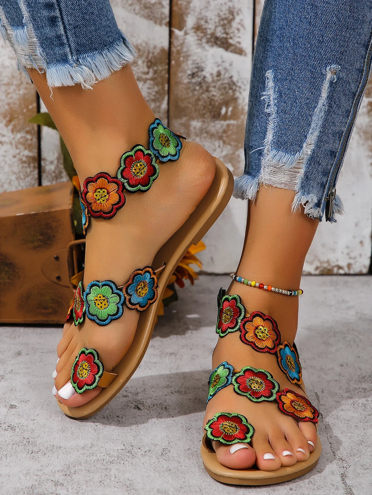 Yellow Faux Flower Embroidered Flat Sandals Size 43