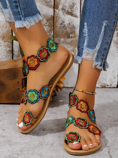 Yellow Faux Flower Embroidered Flat Sandals Size 43