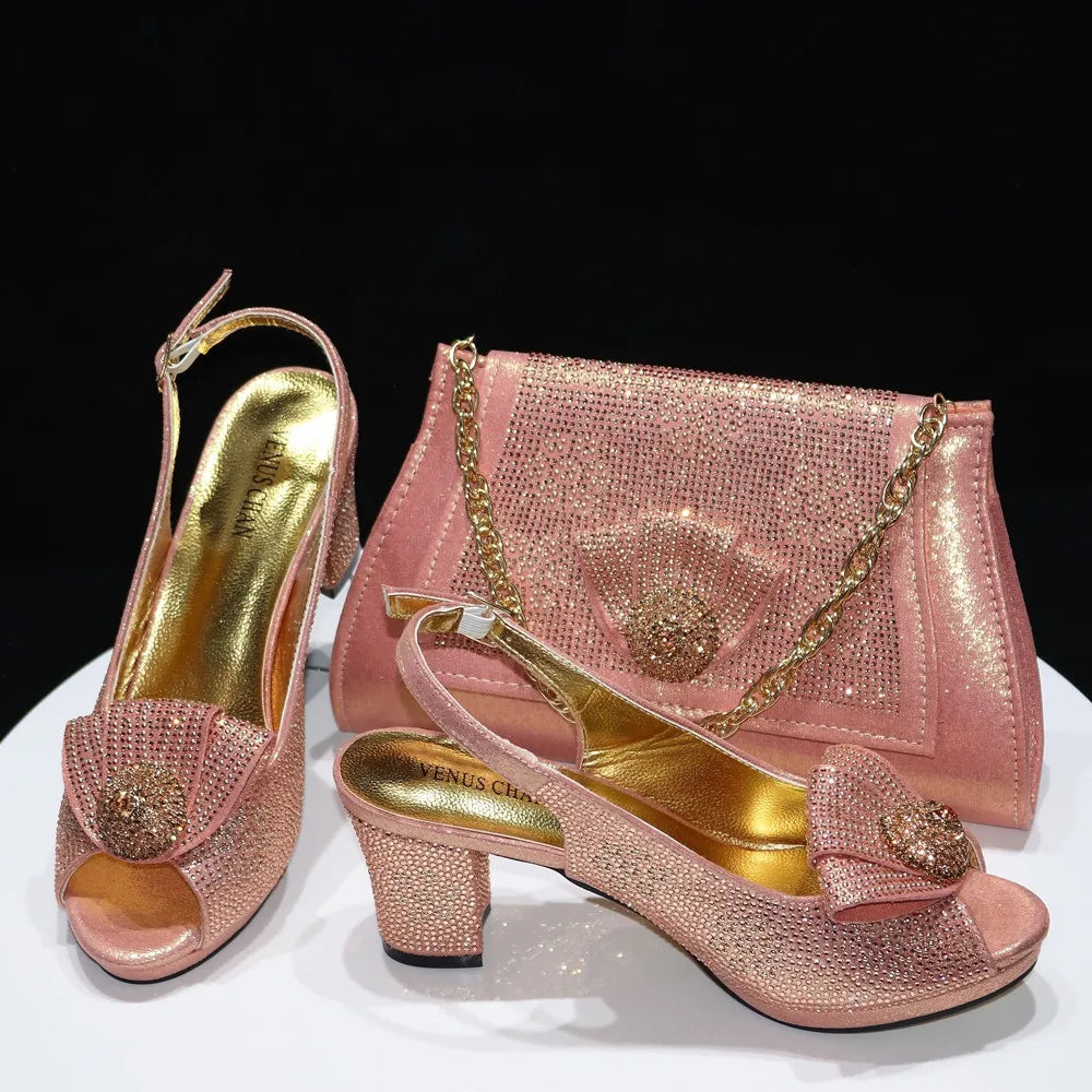 Golden Wedding Shoes And Bag Set With Diamond Decoration