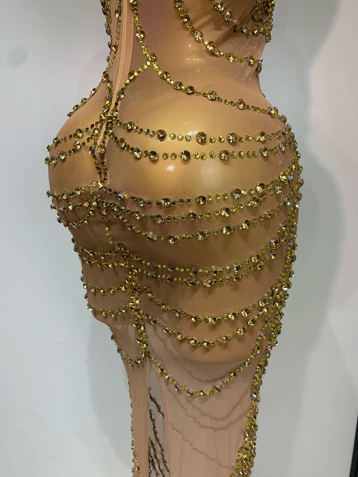 Sparkly Rhinestone Transparent Mesh Long Dress