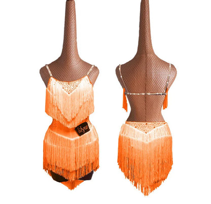 Latin Dance Dress with Rhinestones and Tassels in Red and White